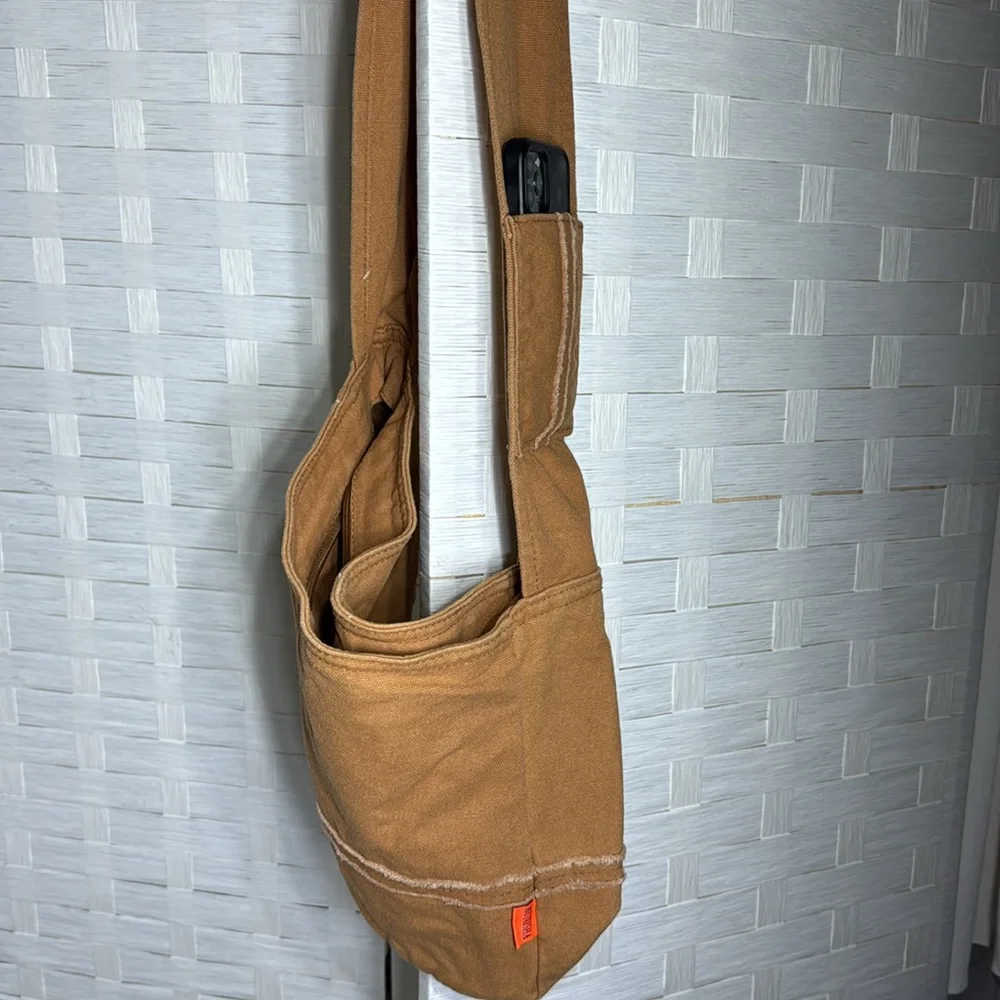 Munisha‎ Brown Canvas Crossbody Bag Thick Shoulder Strap Hobo Tote Messenger